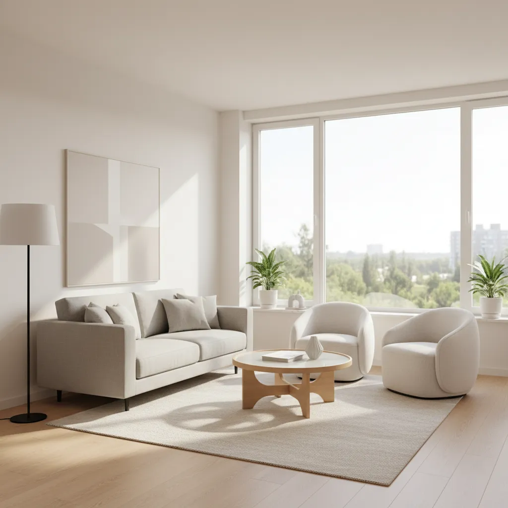Interior rumah kecil dengan jendela besar dan warna terang