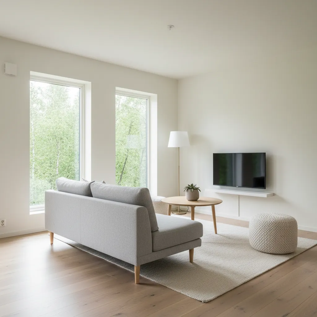 Interior rumah kecil dengan furnitur minimalis dan jendela besar