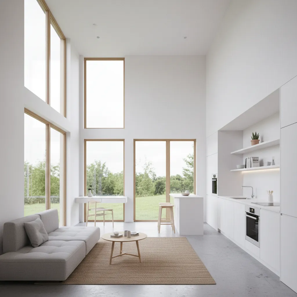 Bright open living room with high ceilings, large windows, grey sofa, coffee table, and kitchen