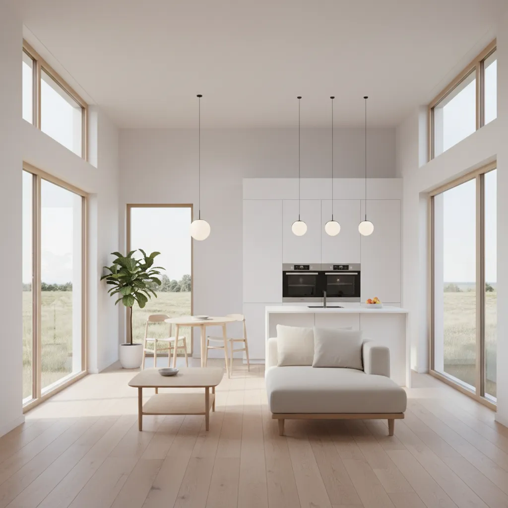 Interior rumah kecil dengan warna terang dan jendela besar