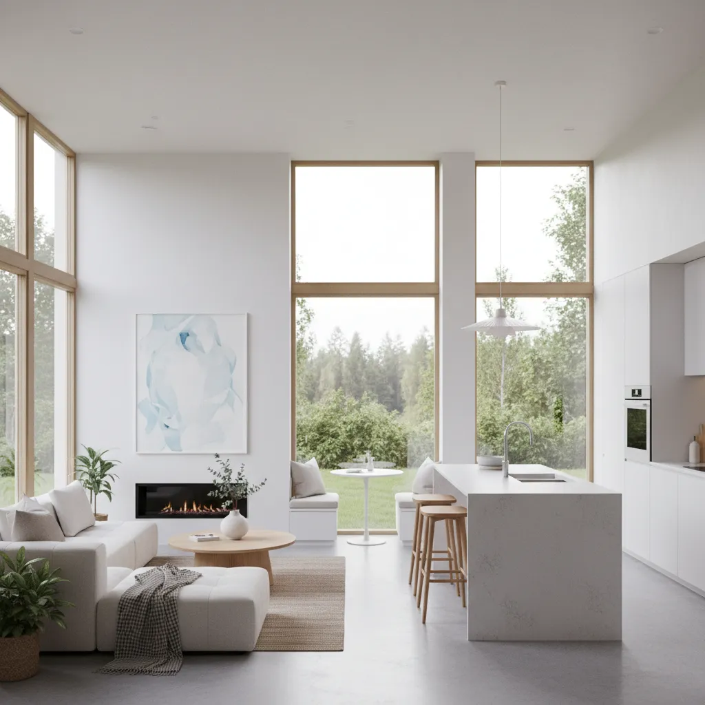 Modern open living room with white sofa wooden coffee table kitchen island and large windows