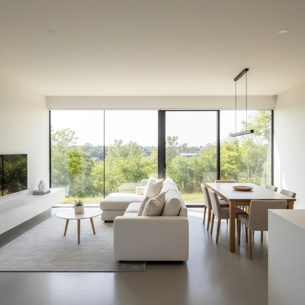 Modern open plan living room with white sofa wooden dining table large windows and light