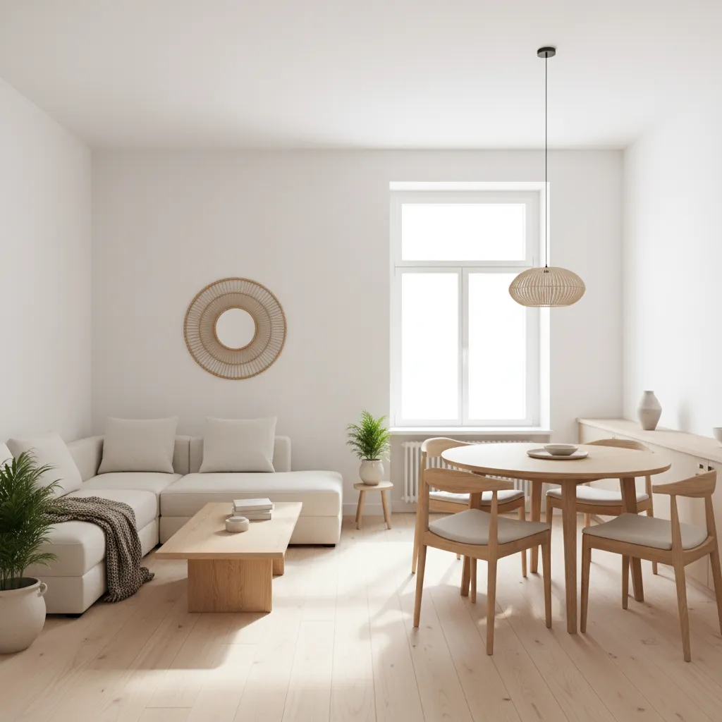 Interior rumah kecil dengan ruang tamu menyatu ruang makan