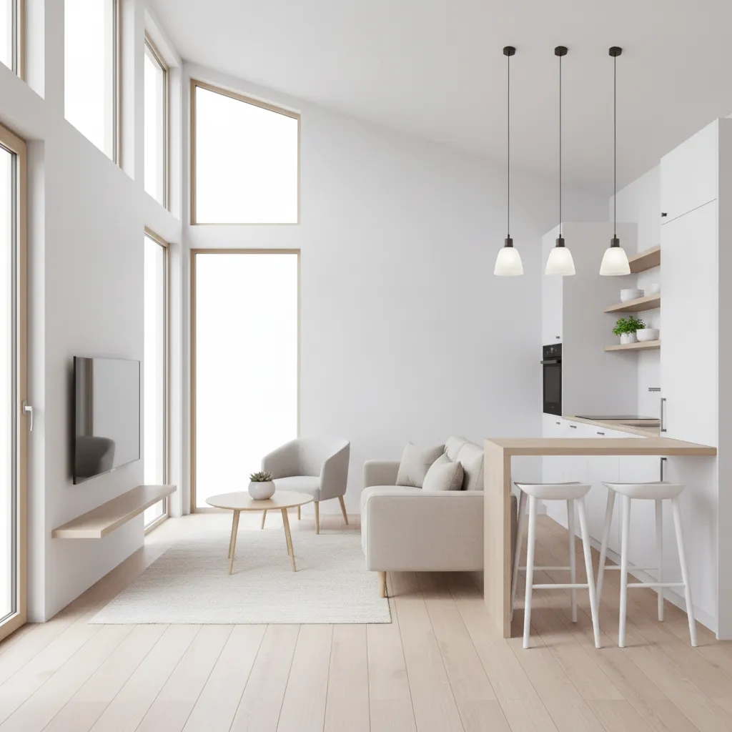 Modern bright living room with grey sofa white walls wooden floor and kitchen with stools