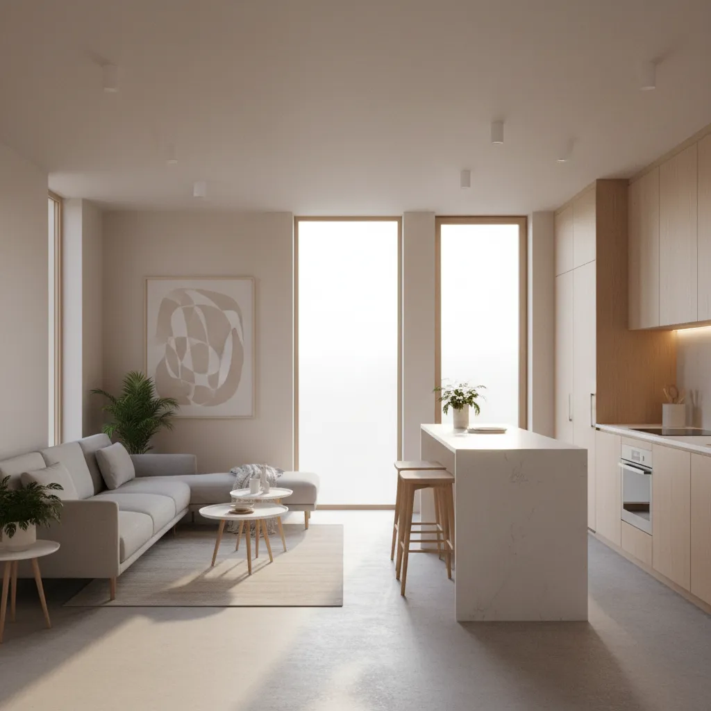 Interior rumah kecil dengan ruang tamu dan dapur terbuka