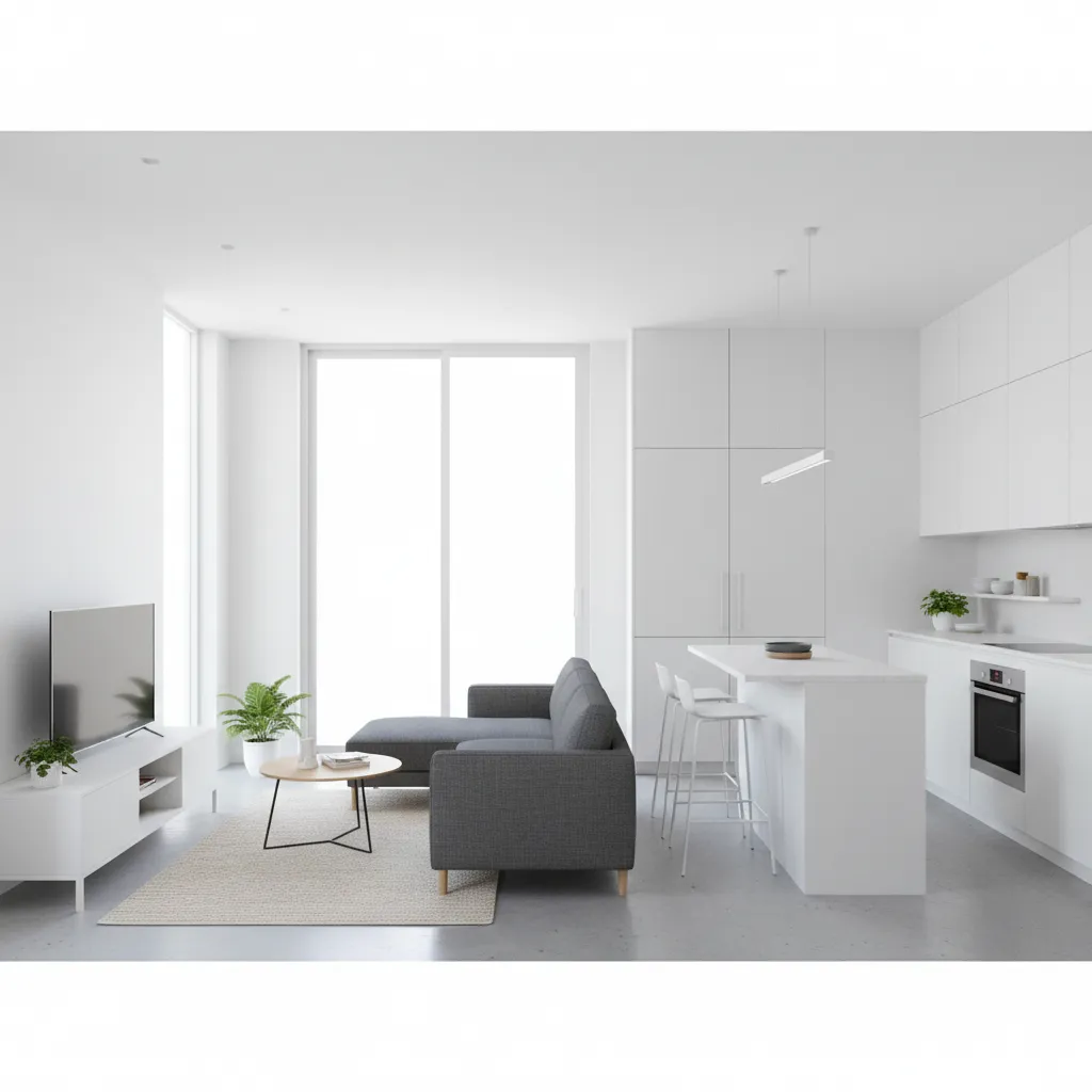Modern white living room and kitchen area with grey sofa, television cabinet and kitchen island