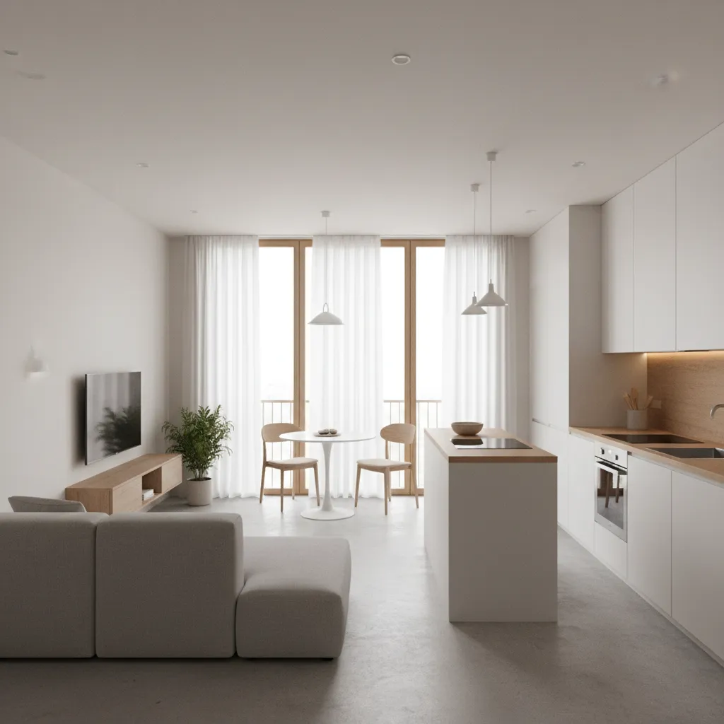 Interior rumah kecil dengan ruang tamu dan dapur terbuka