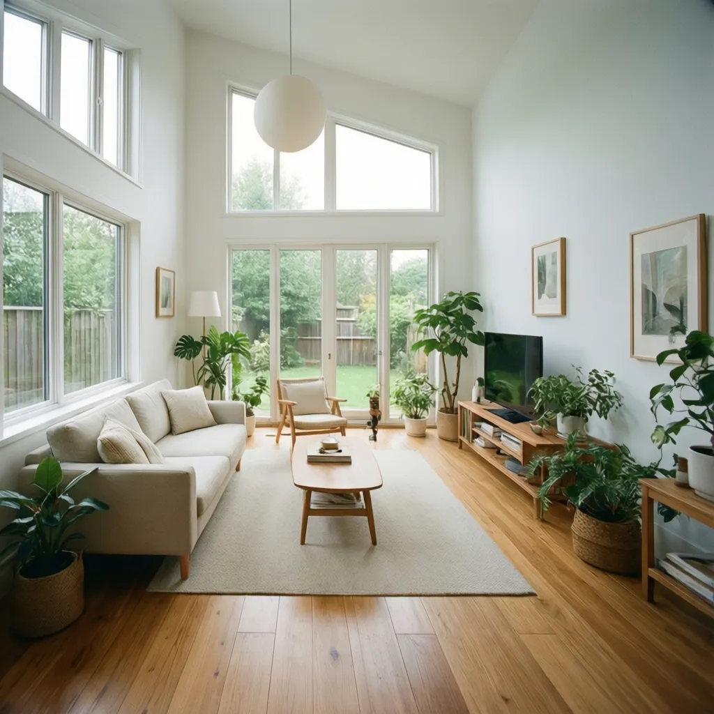 Interior rumah kecil dengan jendela besar dan warna terang