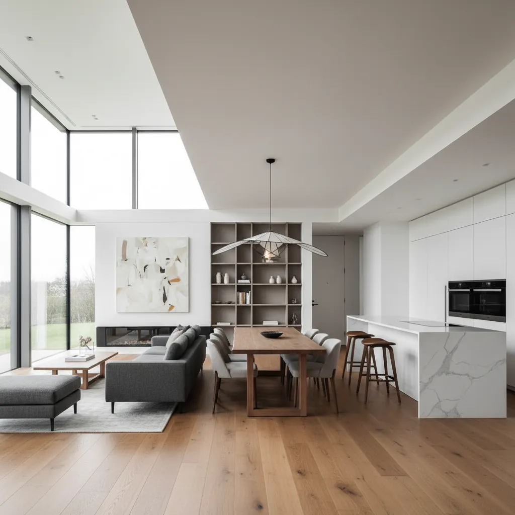 interior rumah kotak dengan ruang terbuka