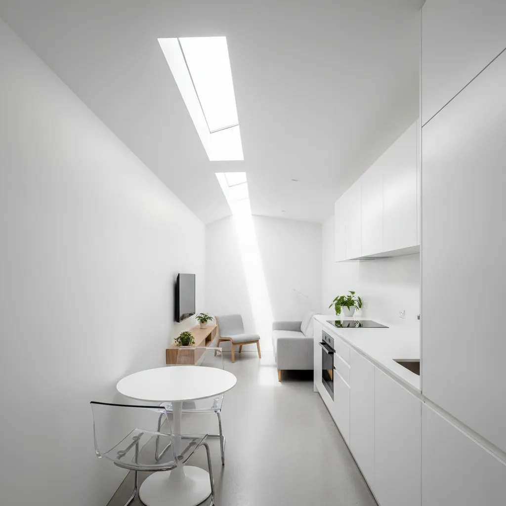 Interior rumah sempit dengan dapur linear dan ruang tamu kecil