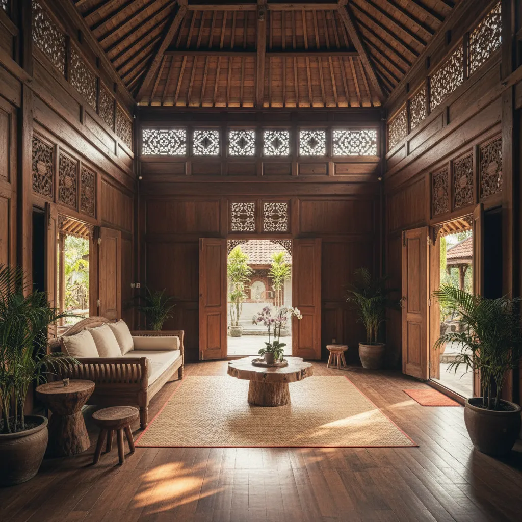 Interior rumah limasan dengan plafon tinggi dan ventilasi alami