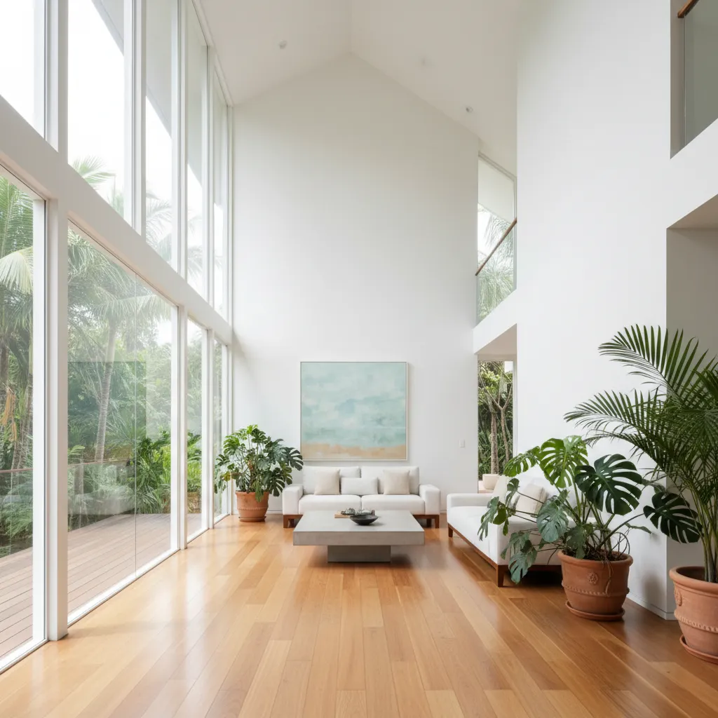 Interior rumah memanjang dengan pencahayaan alami