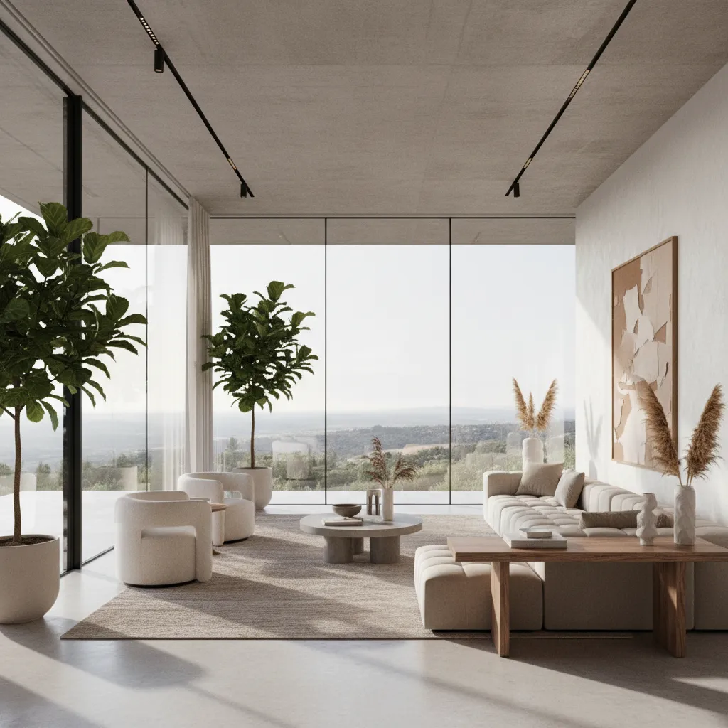 Interior rumah modern elegan dengan jendela besar dan pencahayaan alami