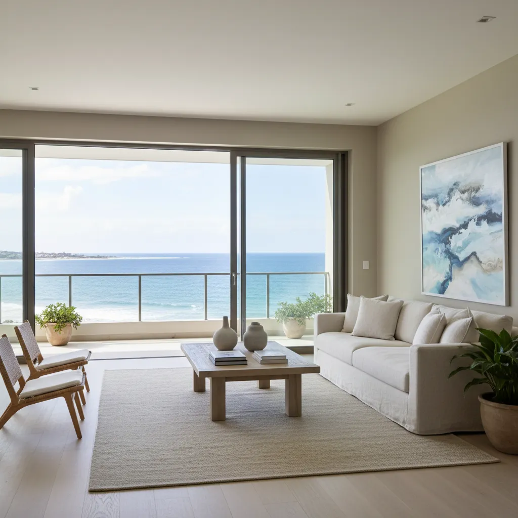 Interior rumah pantai modern dengan pemandangan laut