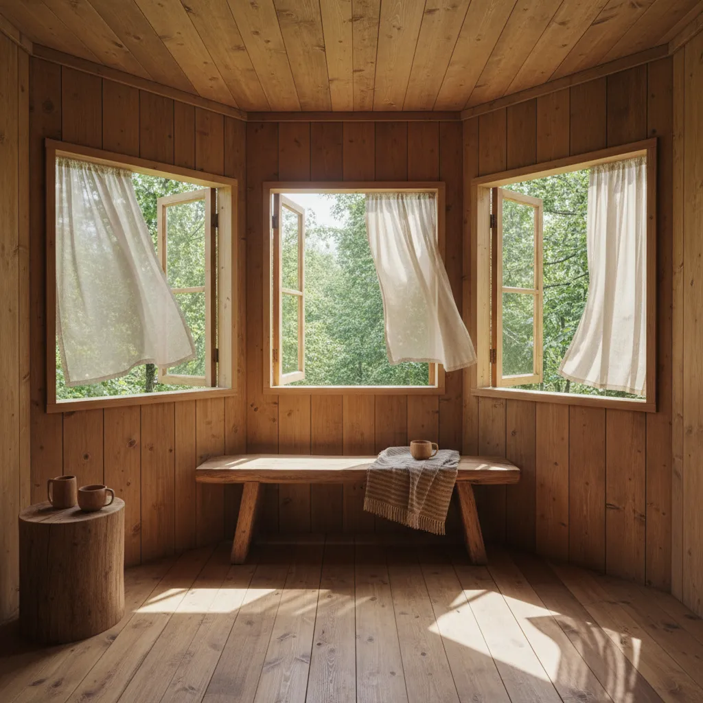 Interior rumah pohon kecil dengan ventilasi alami