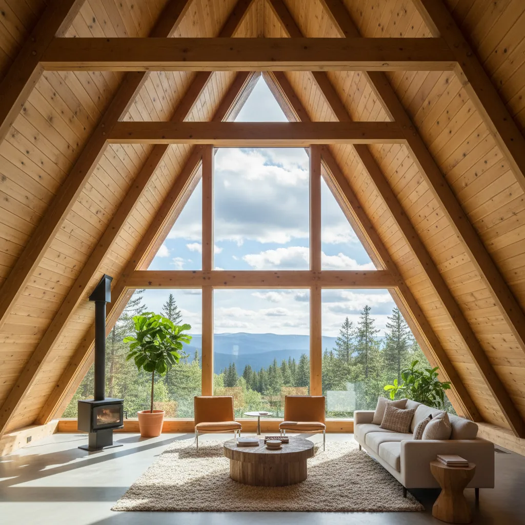 Interior ruang tamu rumah segitiga dengan plafon tinggi