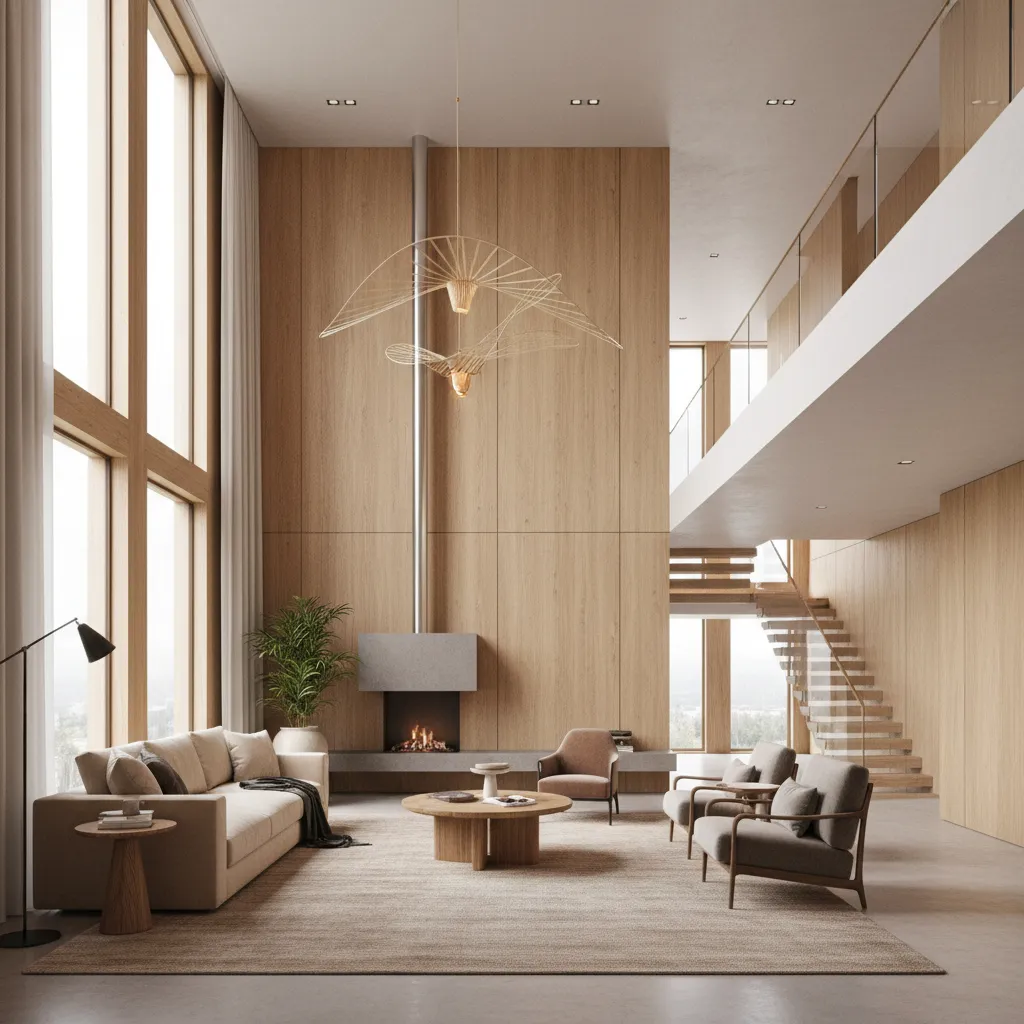 Modern living room with high ceiling wood wall panel fireplace sofa rug and ceiling light