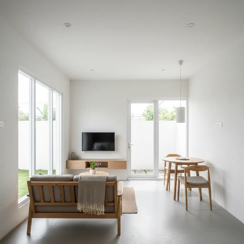 Interior rumah type 30 dengan ruang tamu terbuka