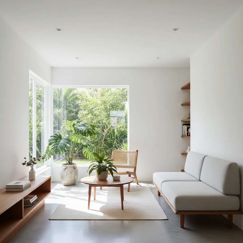 Bright minimalist living room with grey sofa, wooden coffee table, large window, indoor green plants