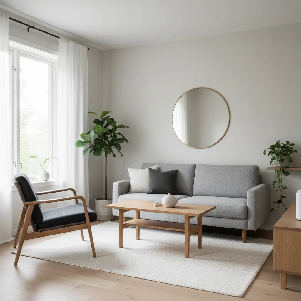 Minimalist living room with grey sofa black chair wooden coffee table round mirror and plant