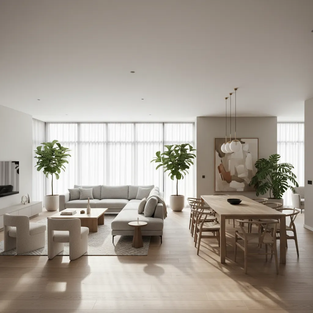 Sala amplia y luminosa dentro de una casa moderna de 200 metros cuadrados