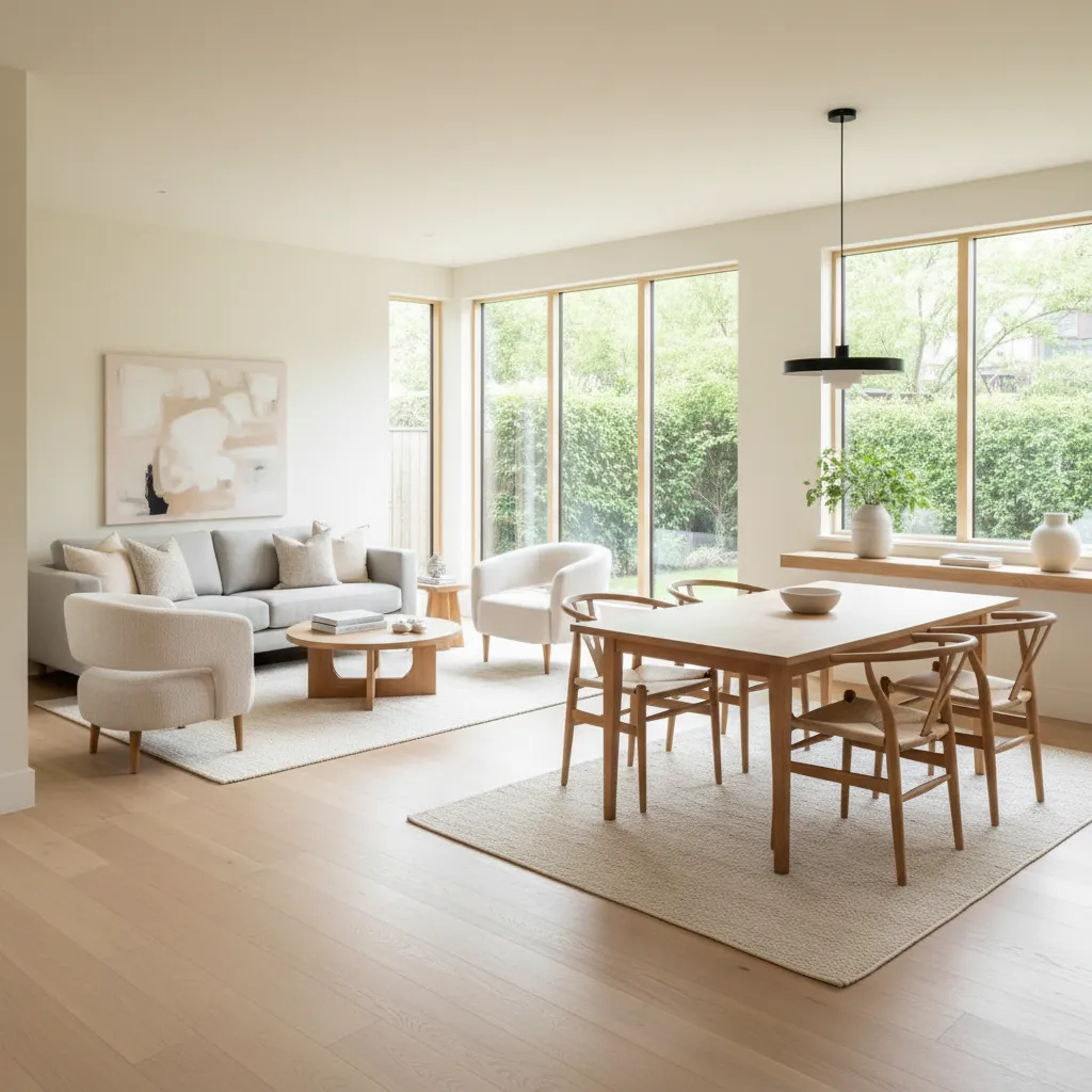 Sala y comedor abiertos dentro de una casa compacta moderna