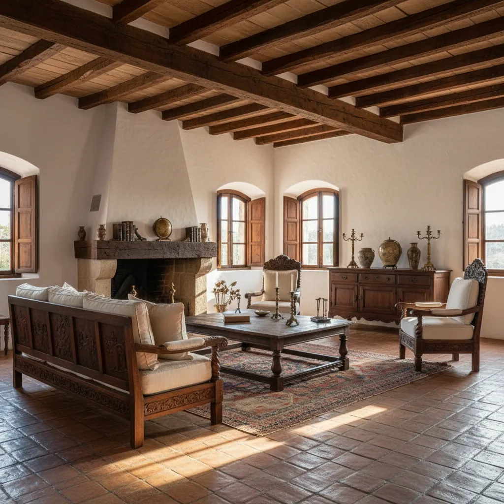 Colonial living room featuring fireplace wooden sofa coffee table cabinet rug and dark ceiling beams