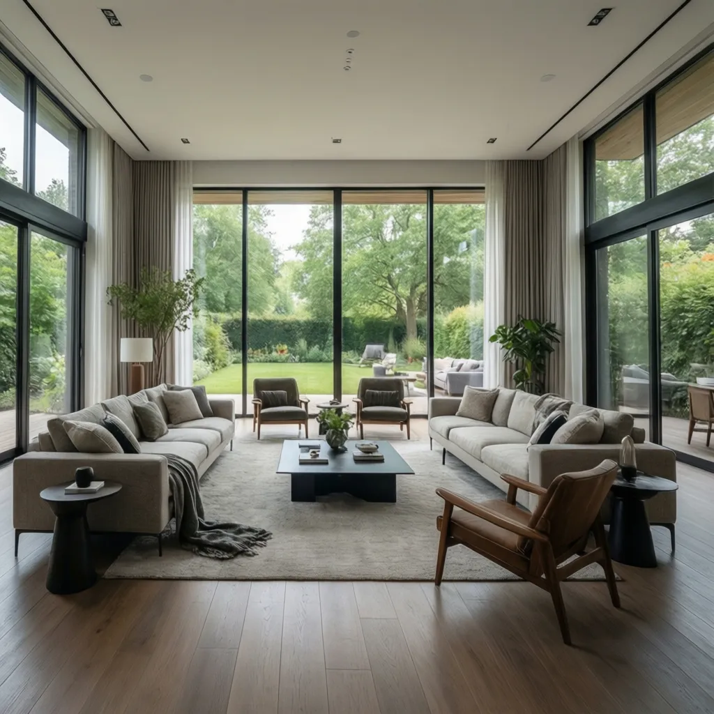 Salón amplio y luminoso de una casa moderna de 200 metros cuadrados