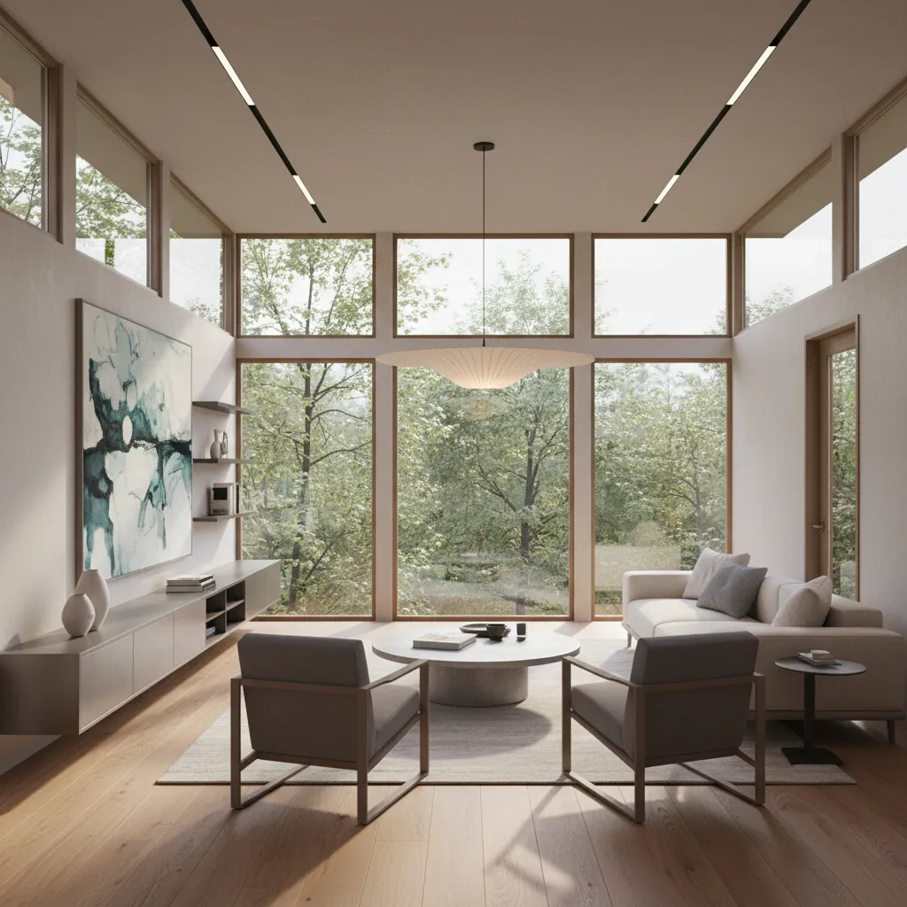 Salón amplio y luminoso en casa prefabricada moderna
