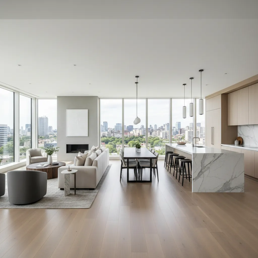 Salón con cocina abierta en una casa moderna de tamaño medio