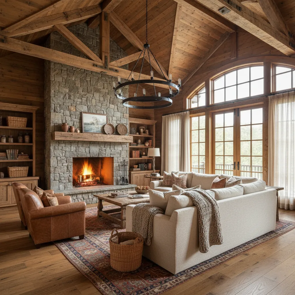 Rustic living room with stone fireplace white sofa brown leather chair large black ceiling light