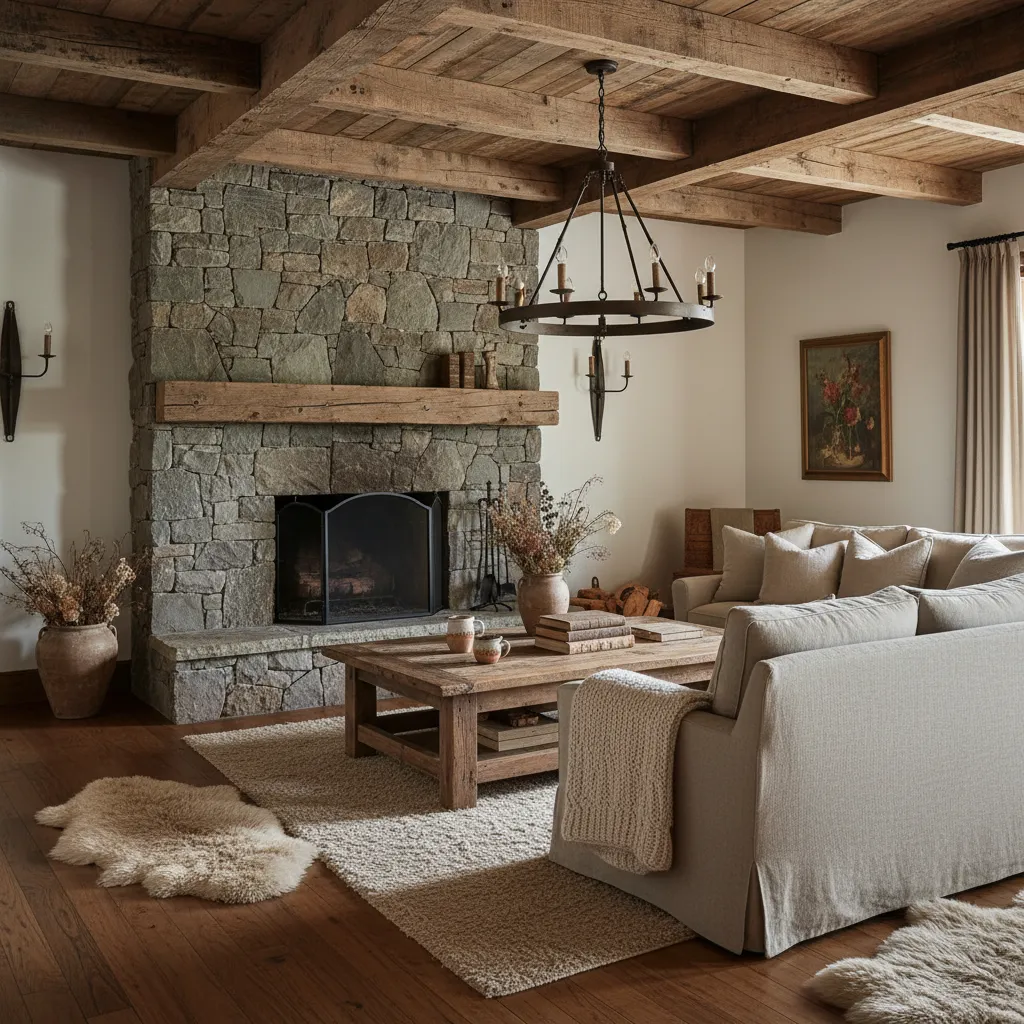 Salón rústico con vigas de madera, chimenea y muebles naturales