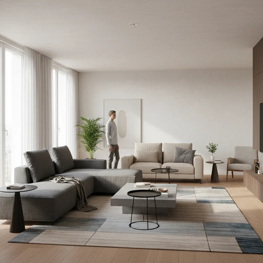 Modern living room featuring grey sofa cream sofa man standing near green plant and window