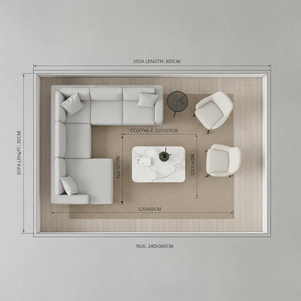 Diagrama de escala mostrando proporciones entre sofá, mesa y alfombra
