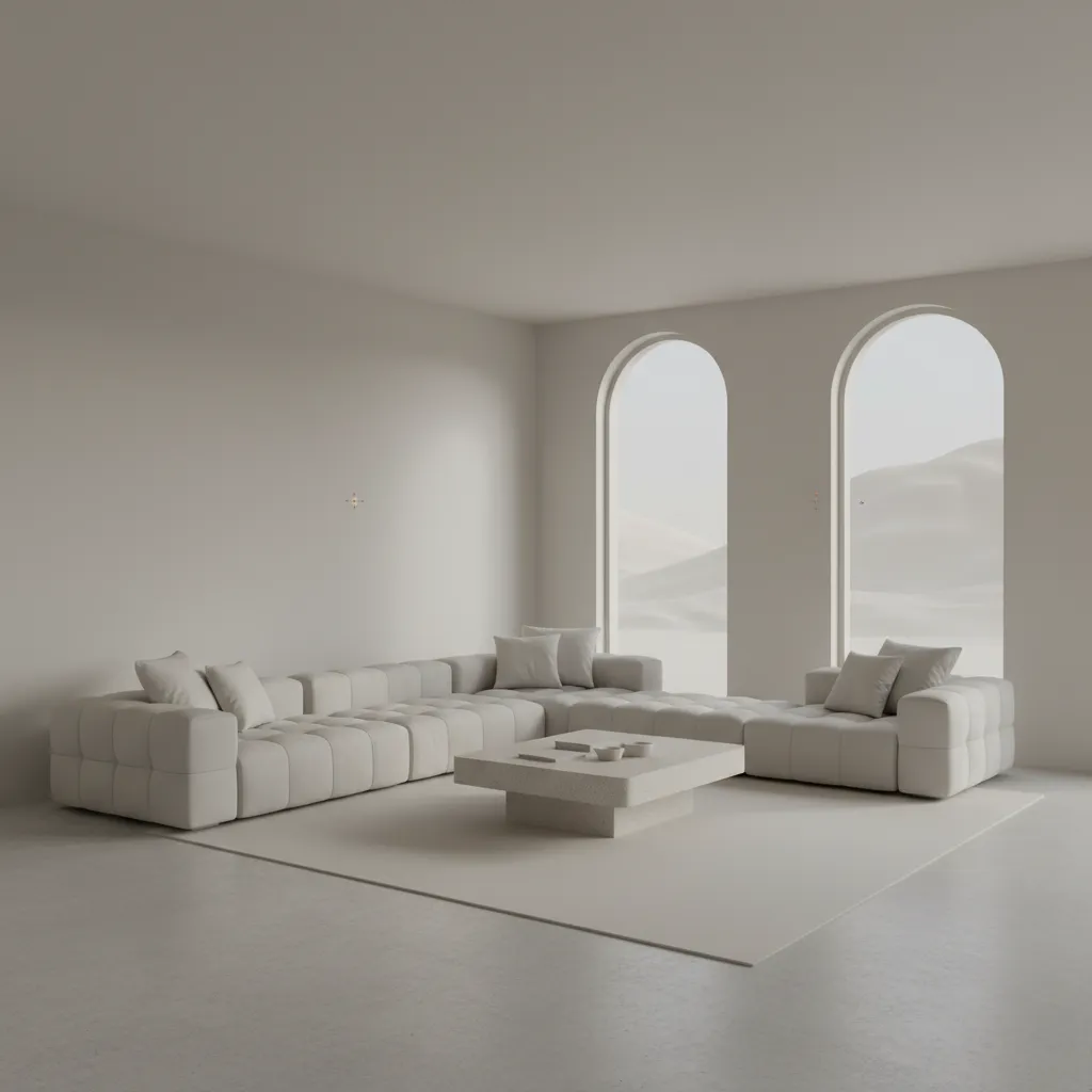 Modelo de sala en Blender con sofá, mesa y paredes mostrando escala correcta