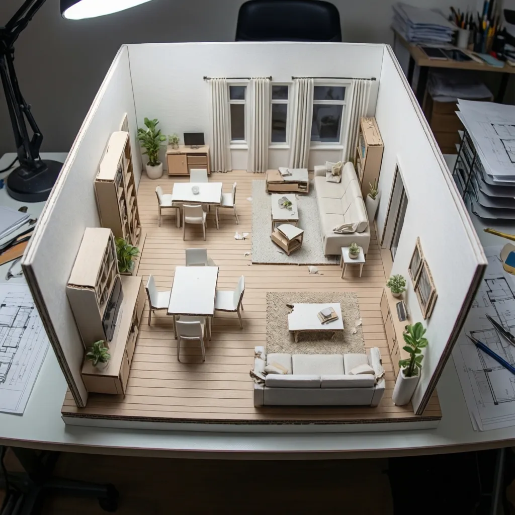 Maqueta arquitectónica de un apartamento con paredes y muebles en miniatura