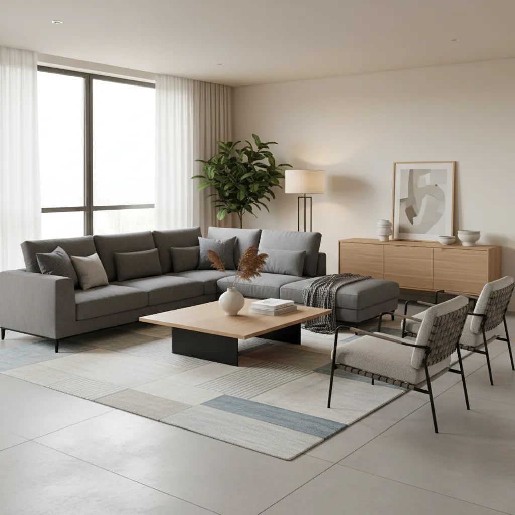 Salón mostrando proporción correcta entre sofá mesa y alfombra