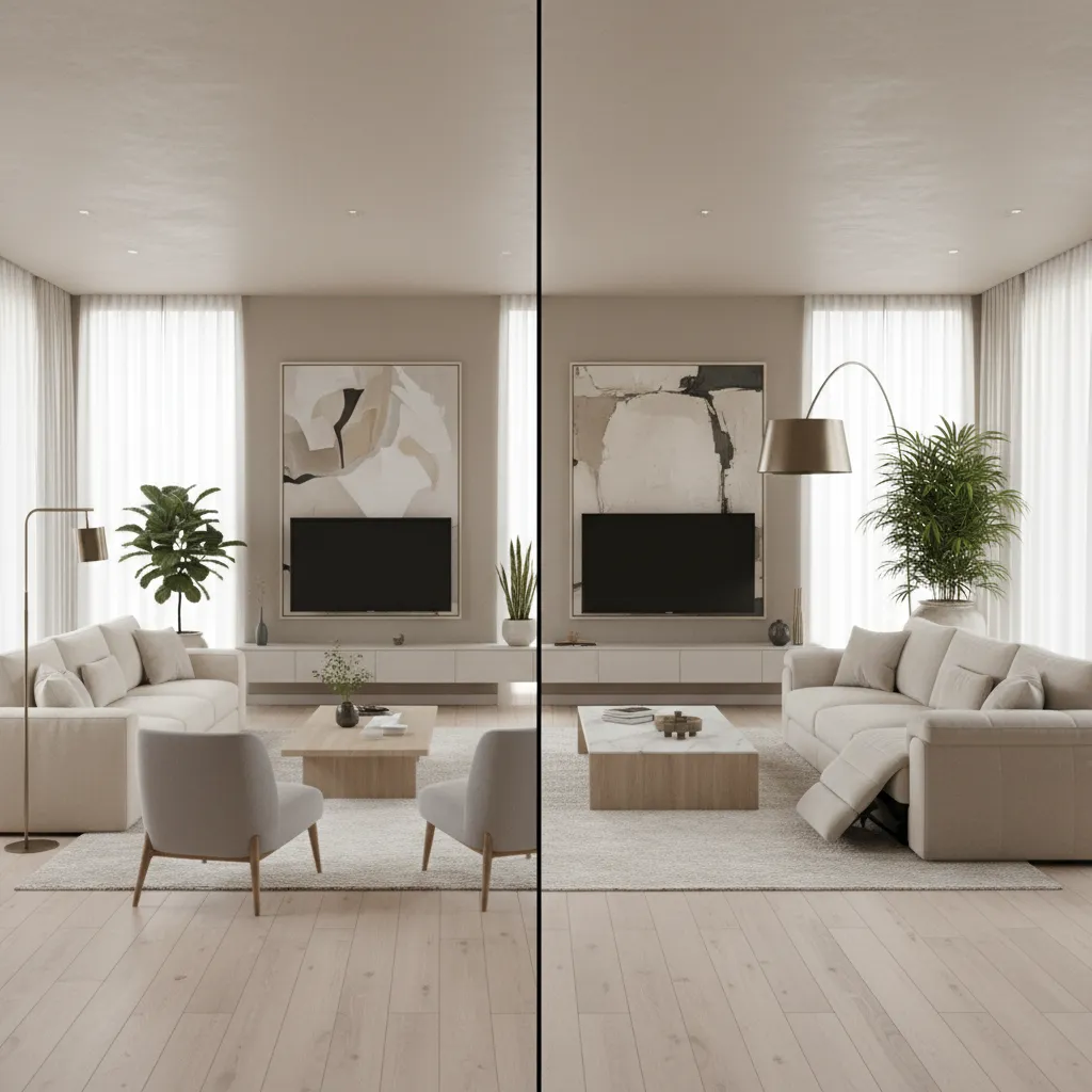 Comparación visual de muebles con diferentes escalas dentro de una sala