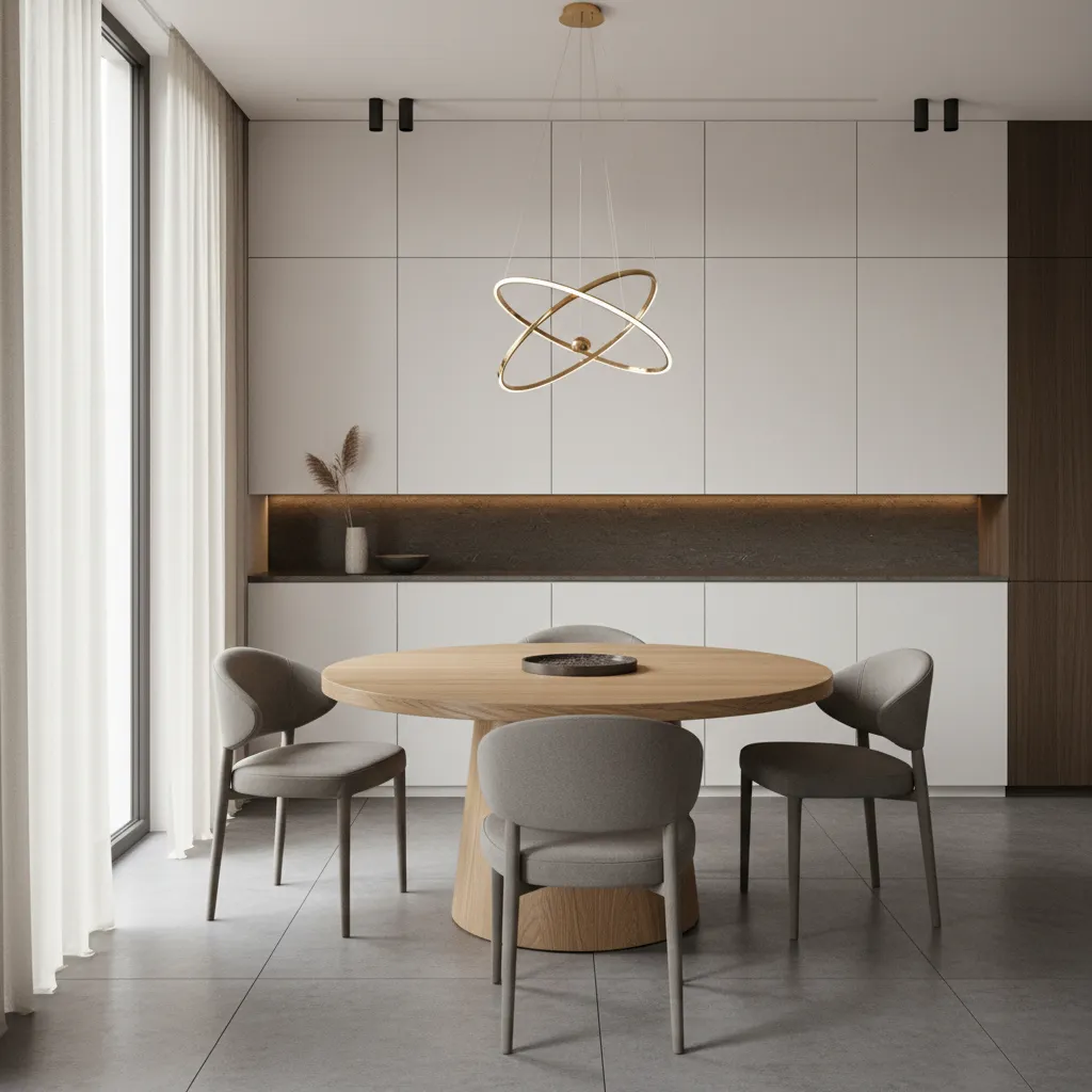 Modern dining room with a round wooden table four grey chairs and gold ceiling light