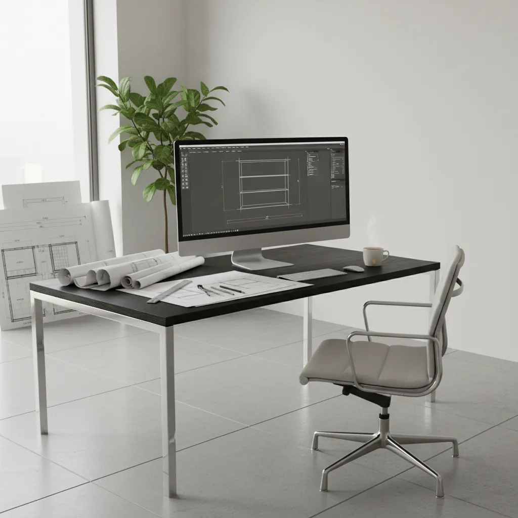 Interior designer workspace planning shelving layout on computer