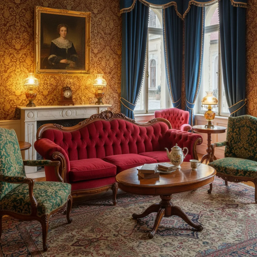 Sala victoriana del siglo XIX con muebles ornamentados