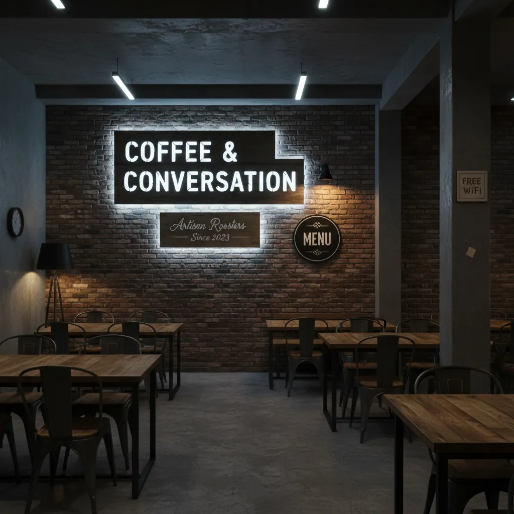 Industrial cafe with brick walls glowing coffee sign wooden tables metal chairs and ceiling lights