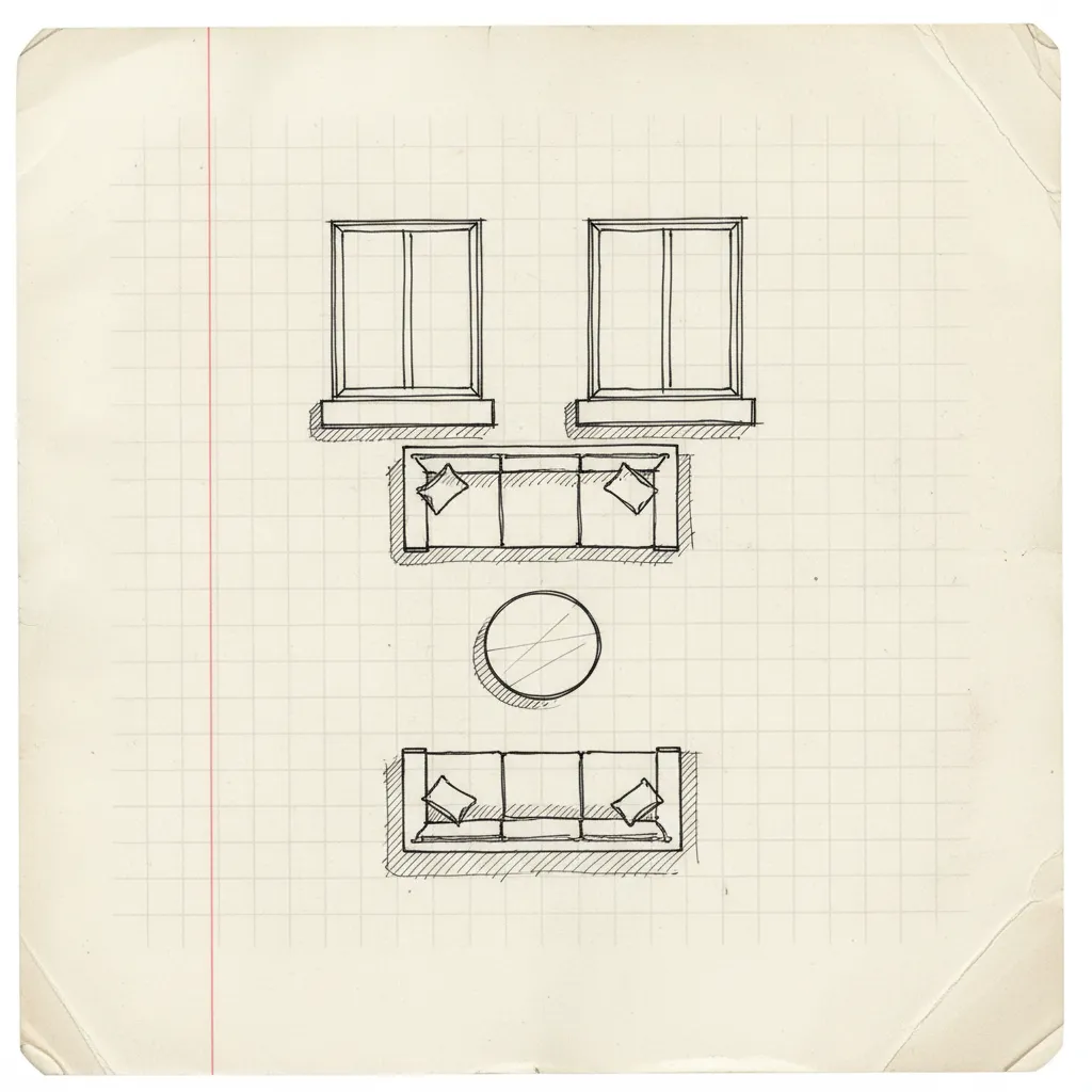 Boceto simple de distribución de una sala con sofá y mesa