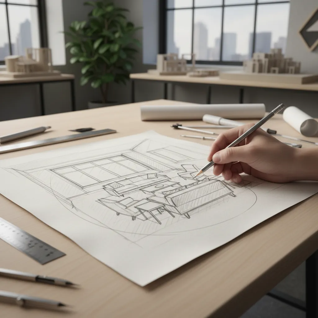Boceto conceptual de una sala de estar hecho a mano