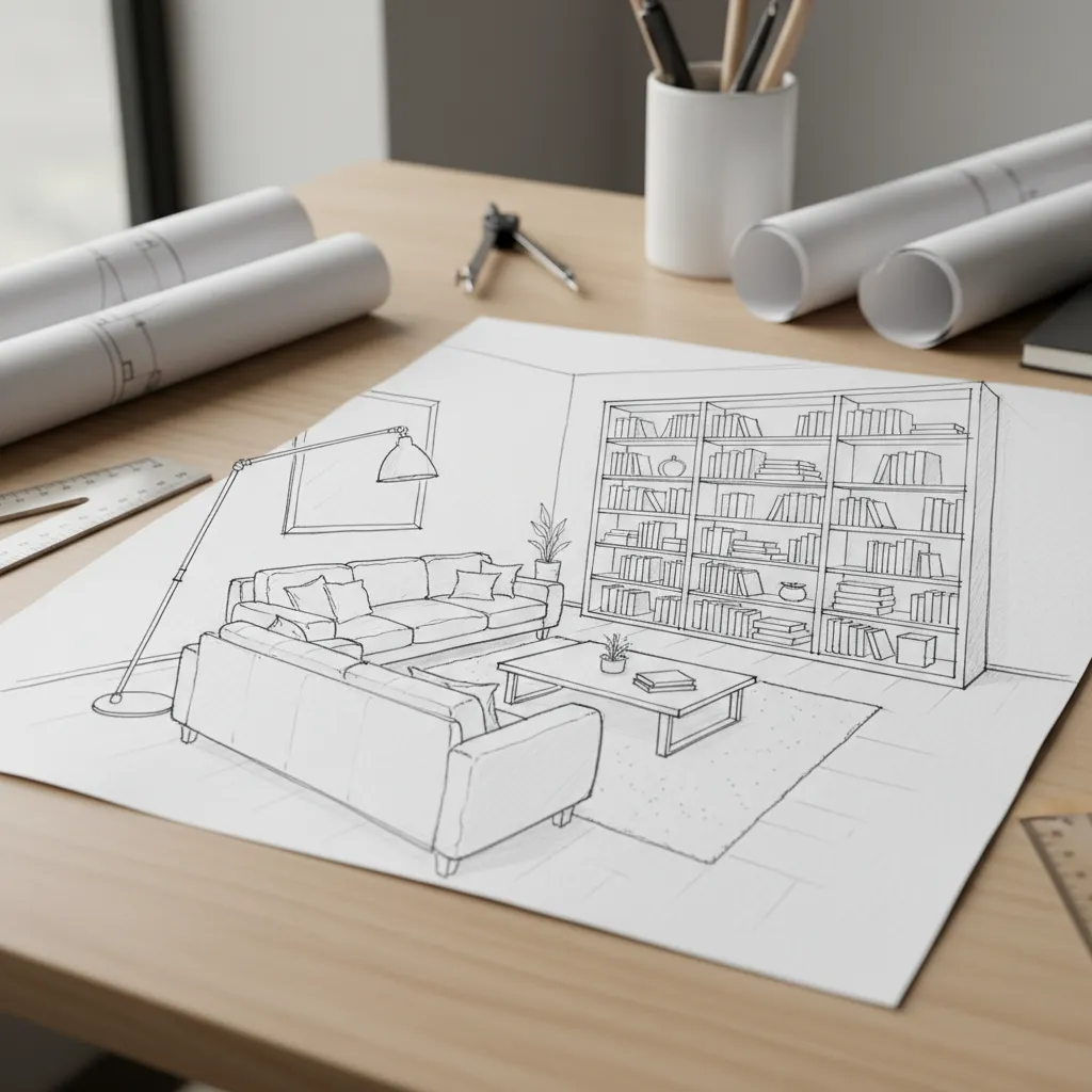 Boceto a mano alzada de una sala de estar con sofá y mesa en perspectiva