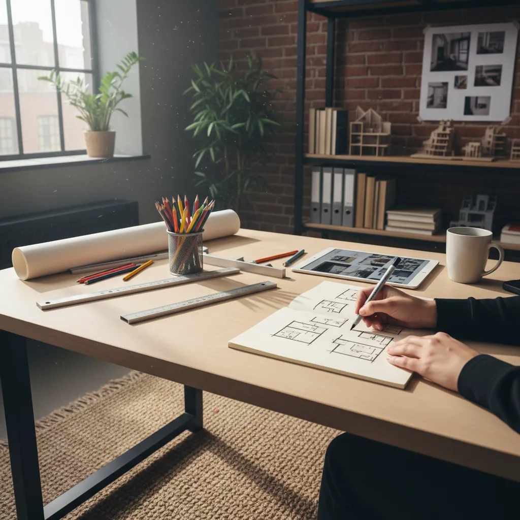 Diseñador practicando bocetos de interiores en un cuaderno