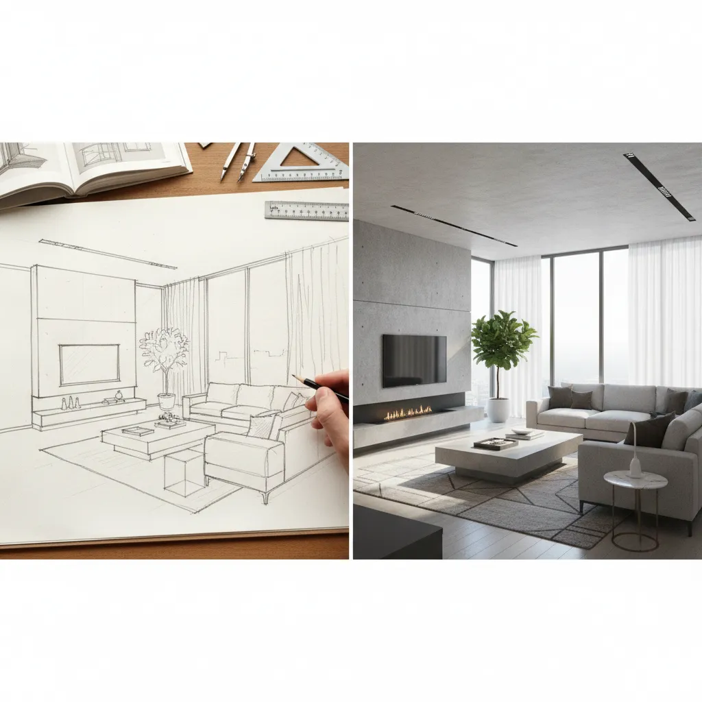 Comparación entre boceto a mano y modelo 3D de una habitación