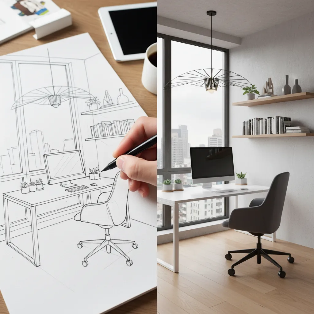 Proceso que muestra boceto de interior pasando a modelo digital 3D