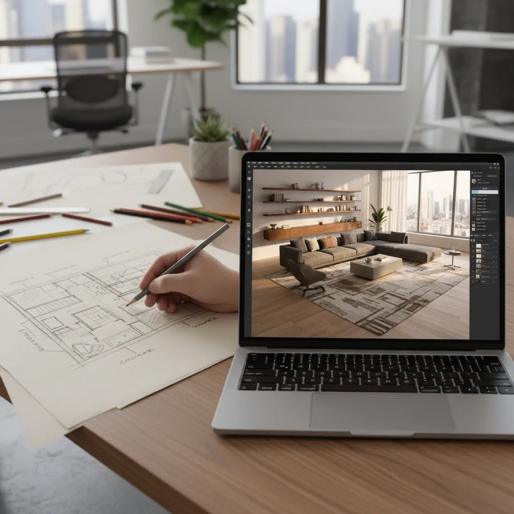 Comparación entre boceto de interior y visualización digital en 3D
