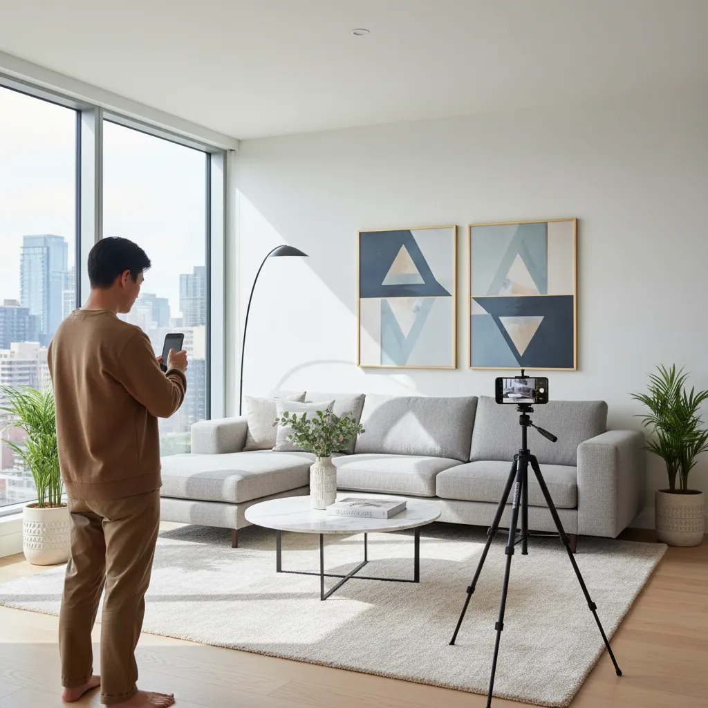 Persona fotografiando un salón moderno con un smartphone en trípode